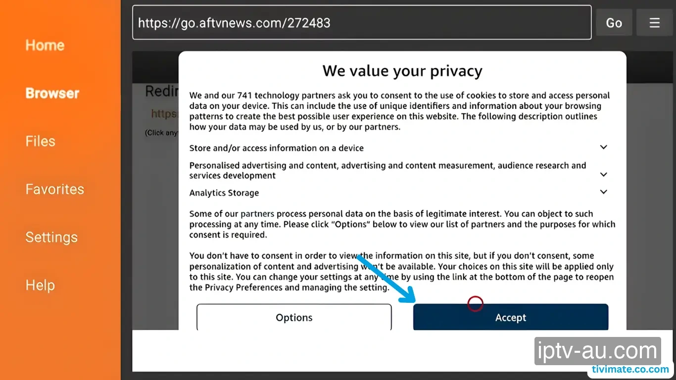 Accept Firestick AFTVnews privacy prompt to download APK