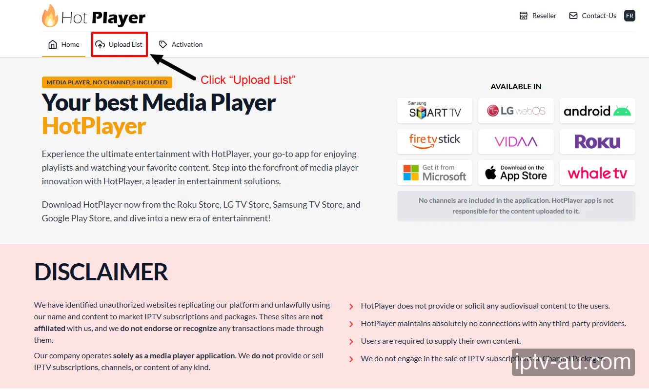 Click Upload List on HotPlayer.app