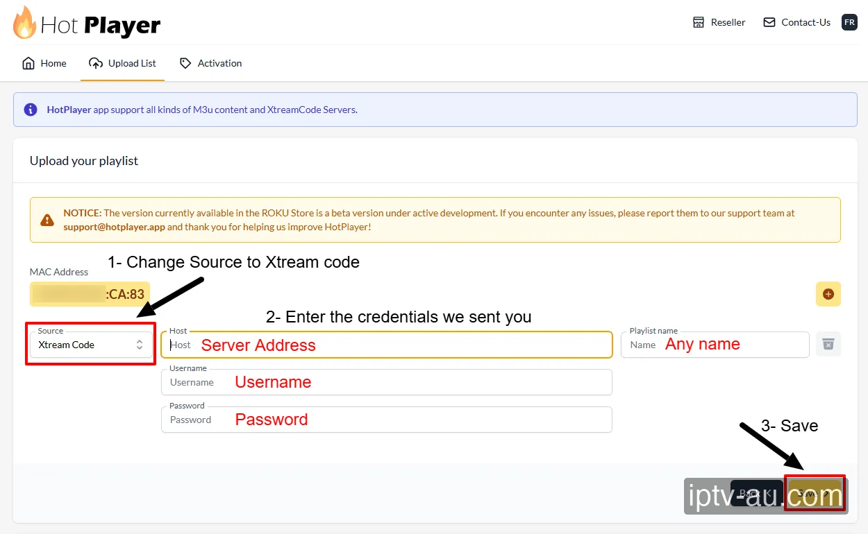 Enter Xtream Codes on HotPlayer website